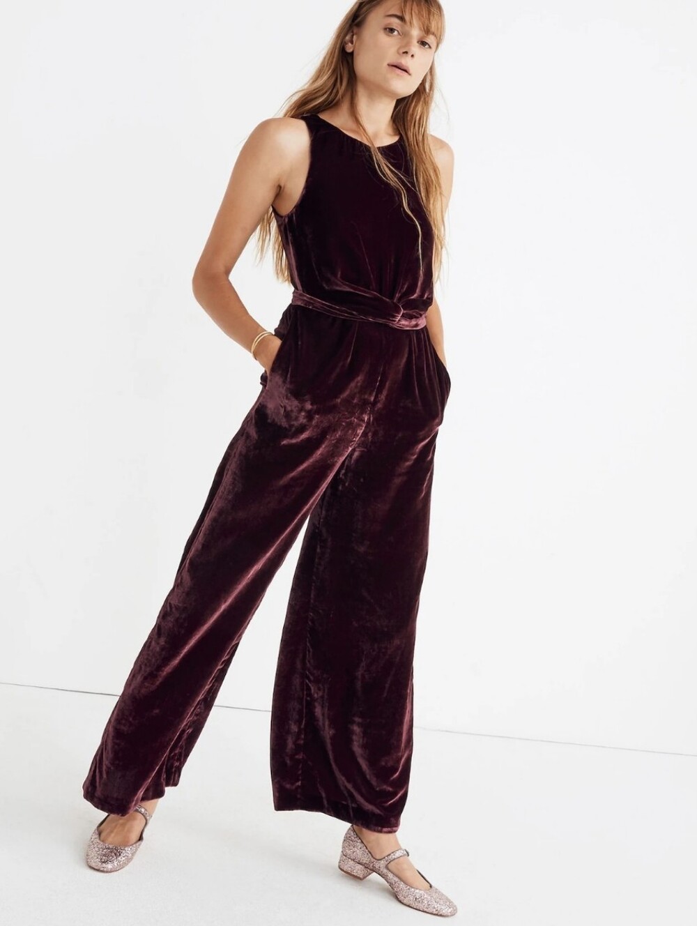 Madewell Velvet Twist-Front Jumpsuit Size 12 Pinot Noir Wide Leg New Year Party